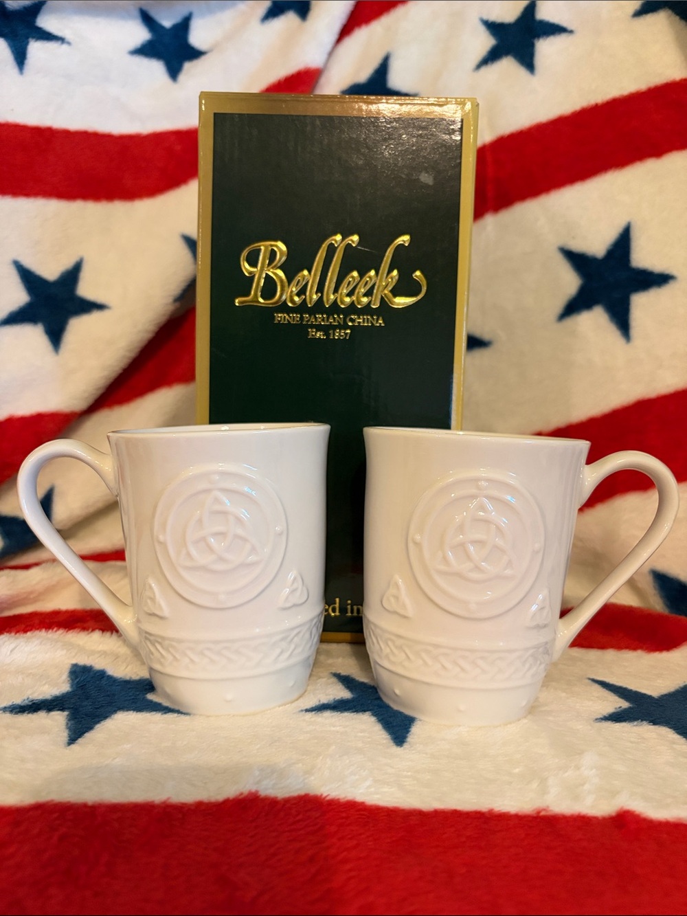 Belleek Cream Celtic Mugs - Pair